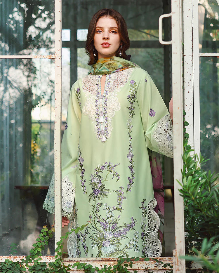 MUSHQ-3PC LAWN EMBROIDERED SHIRT WITH SILK PRINTED DUPATTA AND TROUSER-UR-4925