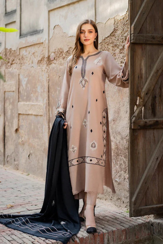 VINTAGE-3PC DHANAK EMBROIDERED SHIRT WITH DHANAK EMBROIDERED SHAWL AND TROUSER-UR-4167