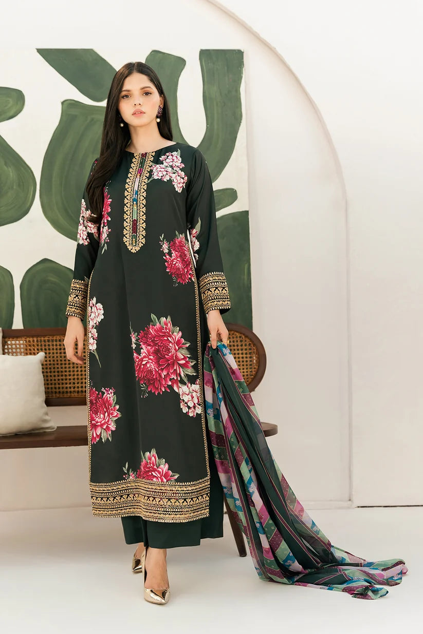 LULUSAR-3PC-SHAMOZE SILK PRINTED EMB SHIRT WITH SILK PRINTED DUPATTA AND SILK TROUSER-UR-114
