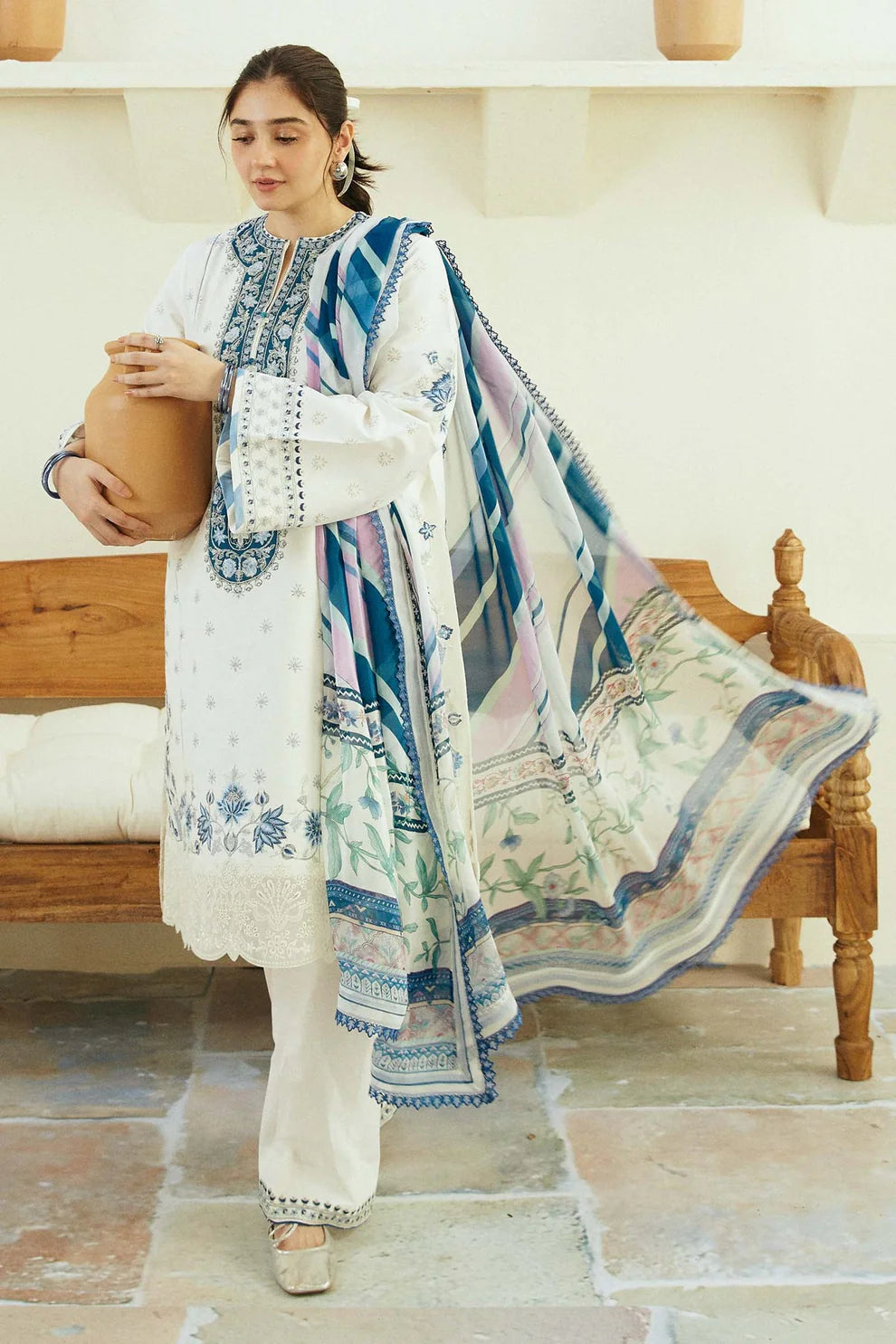 ZAHRA SHAHJAHAN- 3PC LAWN EMBROIDERED SHIRT WITH MONARK PRINT DUPATTA & TROUSER-UR-2564