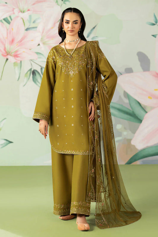 ETHNC-3PC DHANAK SEQUIN EMBROIDERED SHIRT WITH COTTON NET EMBROIDERED DUPATTA AND TROUSER-UR-3883