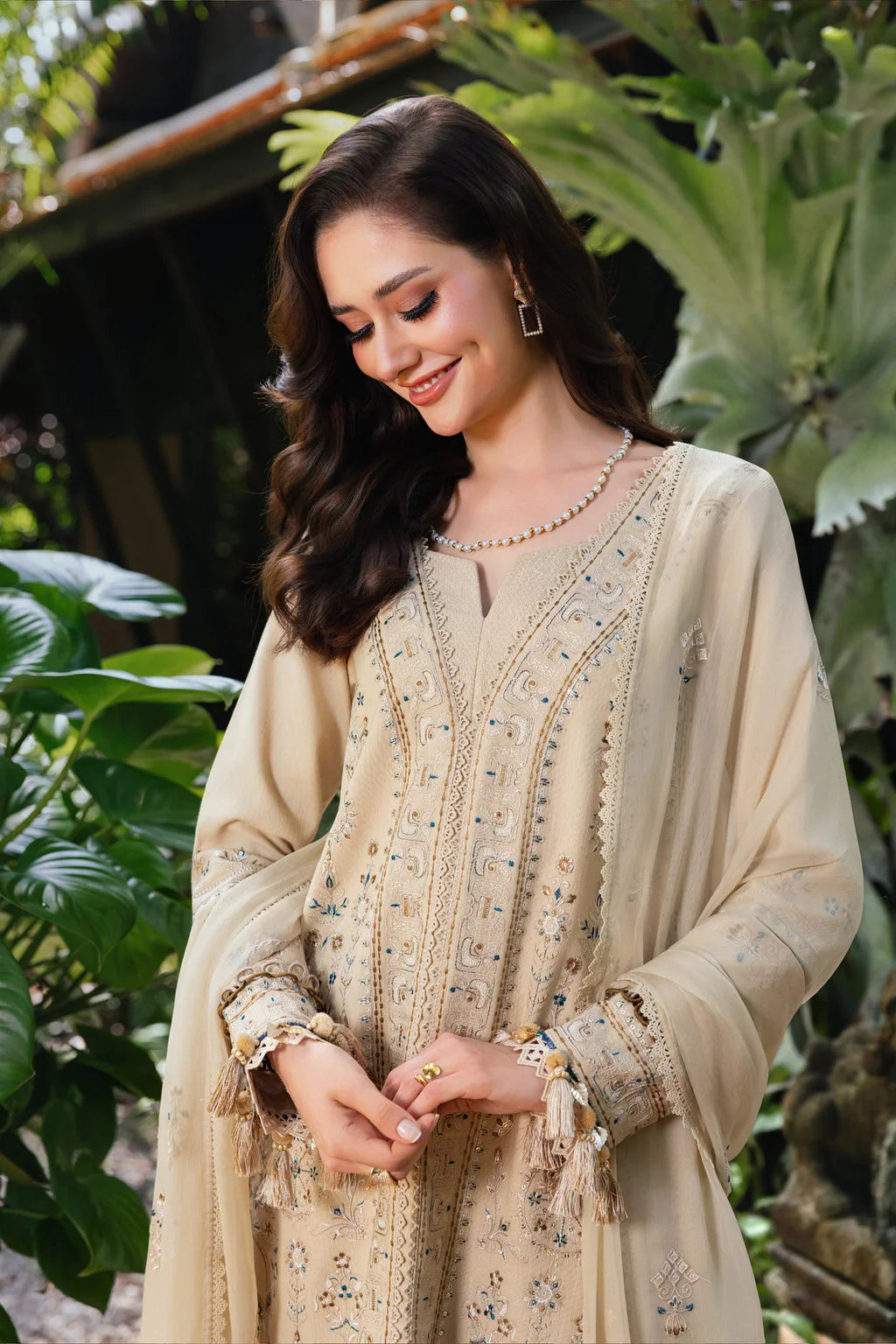 ETHNIC-3PC LAWN EMBROIDERED SHIRT WITH KHAADI NET EMBROIDERED DUPATTA AND TROUSER-UR-3527