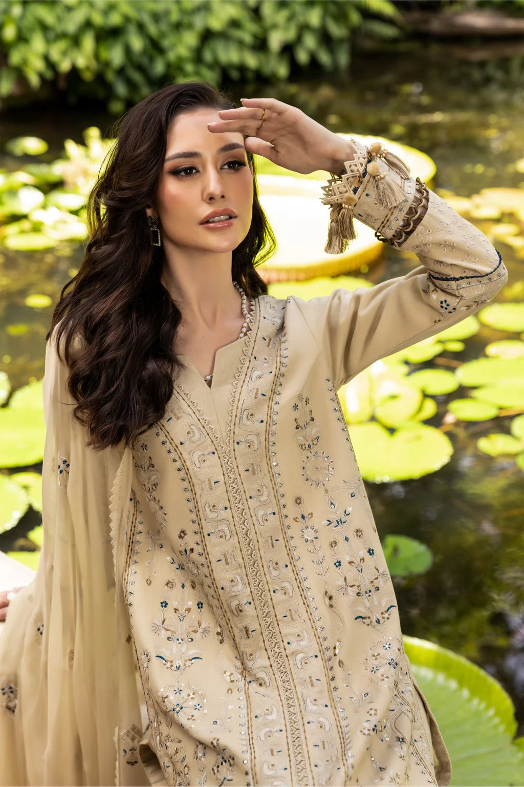 ETHNIC-3PC LAWN EMBROIDERED SHIRT WITH KHAADI NET EMBROIDERED DUPATTA AND TROUSER-UR-3527