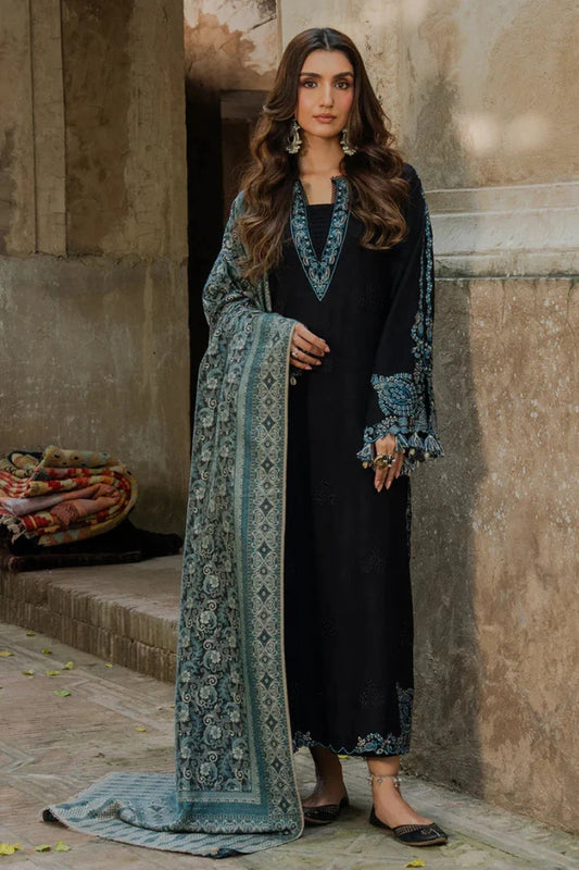 IZEL-3PC DHANAK EMBROIDERED SHIRT WITH COURTRAI PRINTED SHAWL & TROUSER-UR-4532