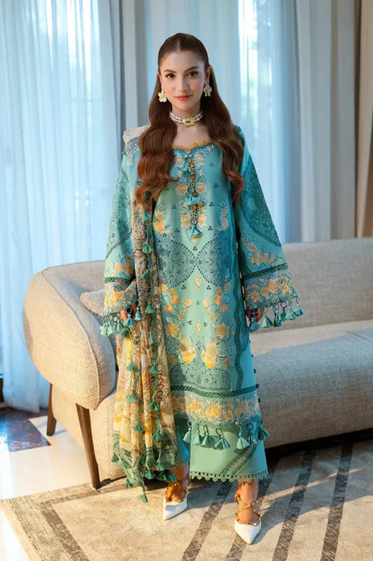 JADE-3PC LAWN CHIKANKAARI EMBROIDERED SHIRT WITH CHIFFON PRINTED DUPATTA AND TROUSER-UR-4587