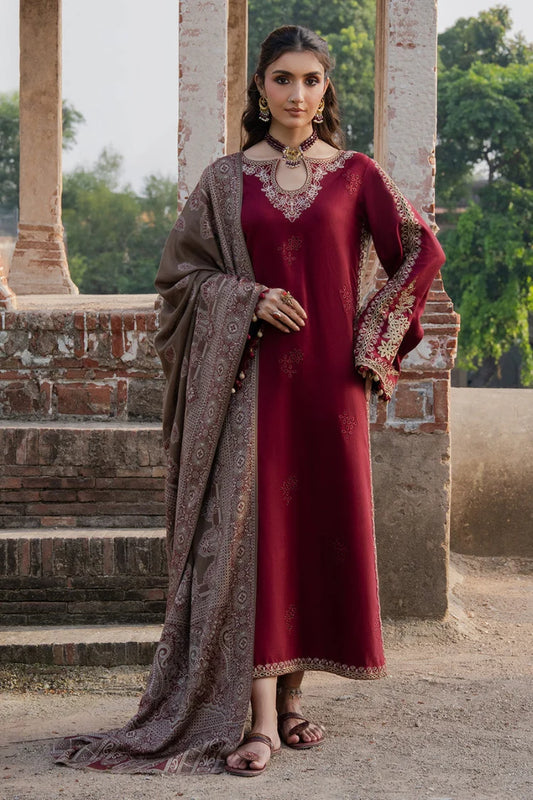 IZEL-3PC DHANAK EMBROIDERED SHIRT WITH COURTRAI PRINTED SHAWL & TROUSER-4561