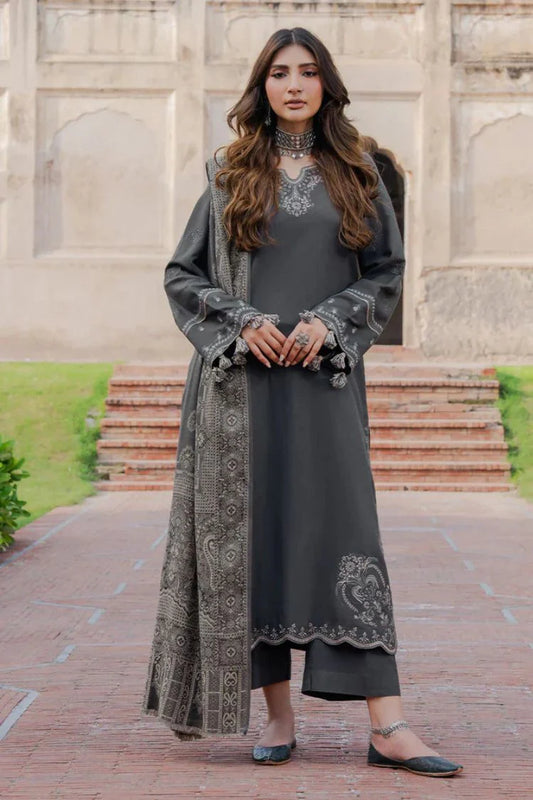 IZEL-3PC DHANAK EMBROIDERED SHIRT WITH COURTRAI PRINTED SHAWL & TROUSER-UR-4367