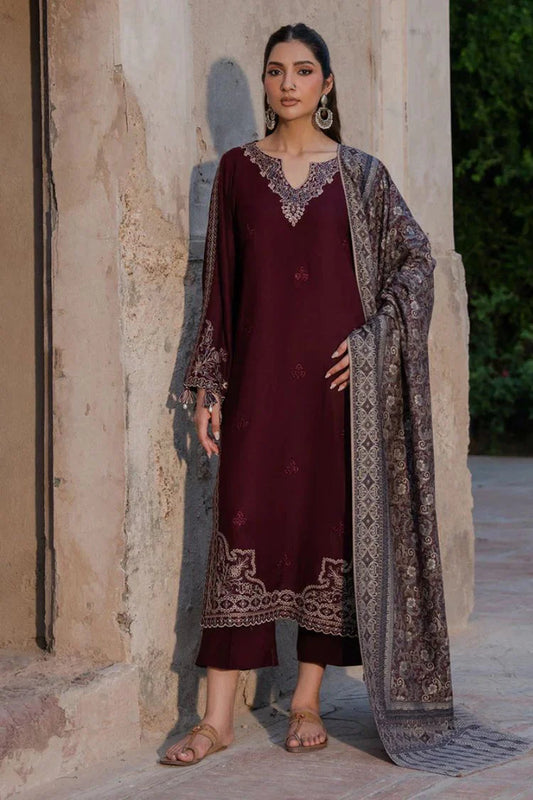 IZEL-3PC DHANAK EMBROIDERED SHIRT WITH COURTRAI PRINTED SHAWL & TROUSER-UR-4568