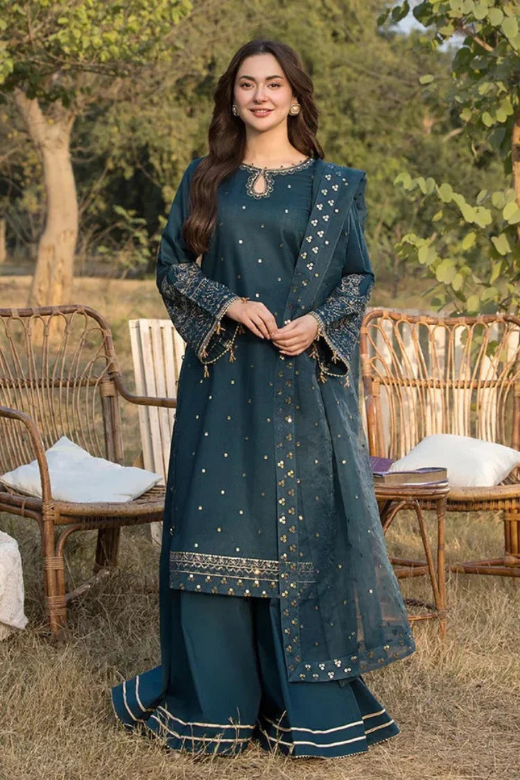 JADE-3PC LAWN EMBROIDERED SHIRT WITH ORGANZA EMBROIDERED DUPATTA AND TROUSER-UR-3612