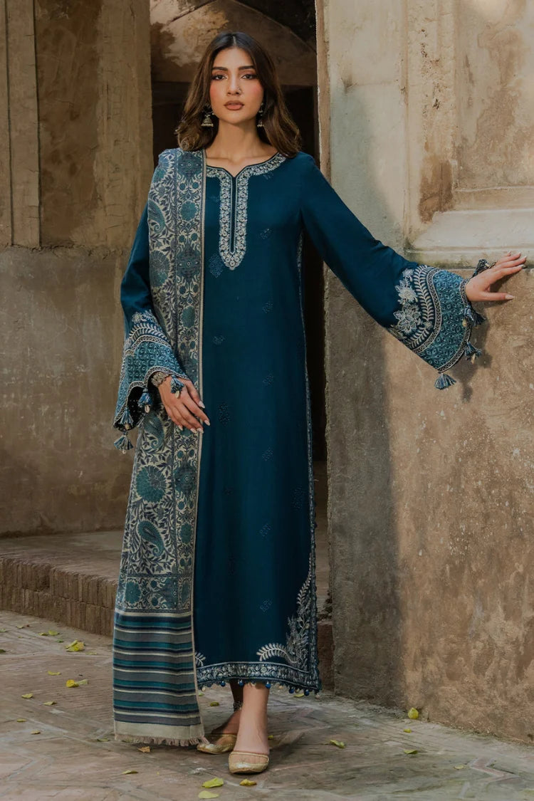 IZEL-3PC KHADDAR EMBROIDERED SHIRT WITH COURTRAI PRINTED SHAWL & TROUSER-UR-4532