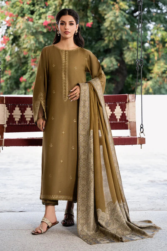 IZEL-3PC DHANAK EMBROIDERED SHIRT WITH COURTRAI PRINTED SHAWL & TROUSER-UR-4567