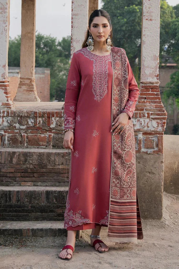 IZEL-3PC DHANAK EMBROIDERED SHIRT WITH COURTRAI PRINTED SHAWL & TROUSER-UR-4512