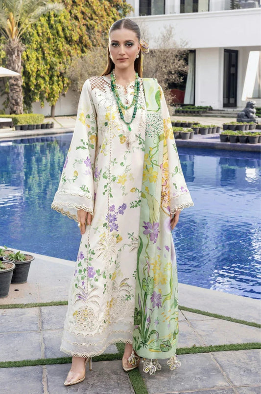 CRIMSON-3PC LAWN DIGITAL PRINTED CHIKANKARI EMB SHIRT WITH SILK PRINTED DUPATTA AND PRINTED TROUSER-UR-4590