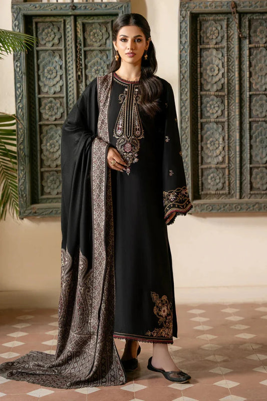 IZEL-3PC DHANAK EMBROIDERED SHIRT WITH COURTRAI PRINTED SHAWL & TROUSER-UR-4321