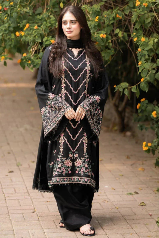 LIBAAS-3PC DHANAK EMBROIDERED SHIRT WITH DHANAK EMBROIDERED SHAWL & TROUSER