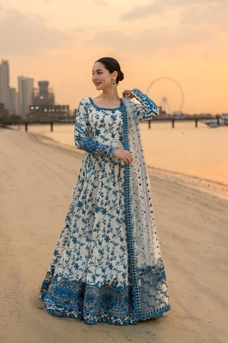 FAIZA SAQLAIN-FROCK 3PC LAWN EMBROIDERED SHIRT WITH NET EMBROIDERED DUPATTA AND TROUSER-UR-4832