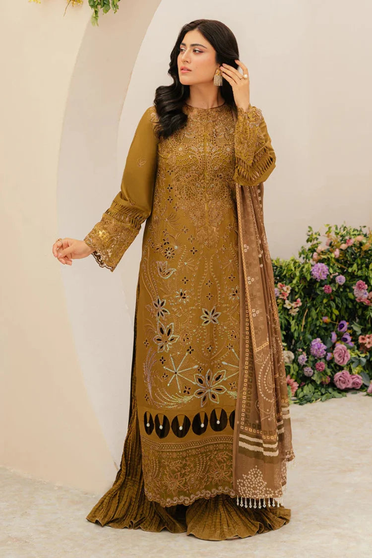 MAHNUR-3PC LAWN LASEWORK EMB SHIRT WITH CHIFFON PRINTED DUPATTA AND TROUSER -UR-3557