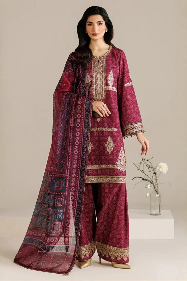 JAZMIN-3PC LAWN PRINTED EMBROIDERED SHIRT WITH BLOSSOM PRINT DUPATTA AND PRINT EMB TROUSER-UR-587