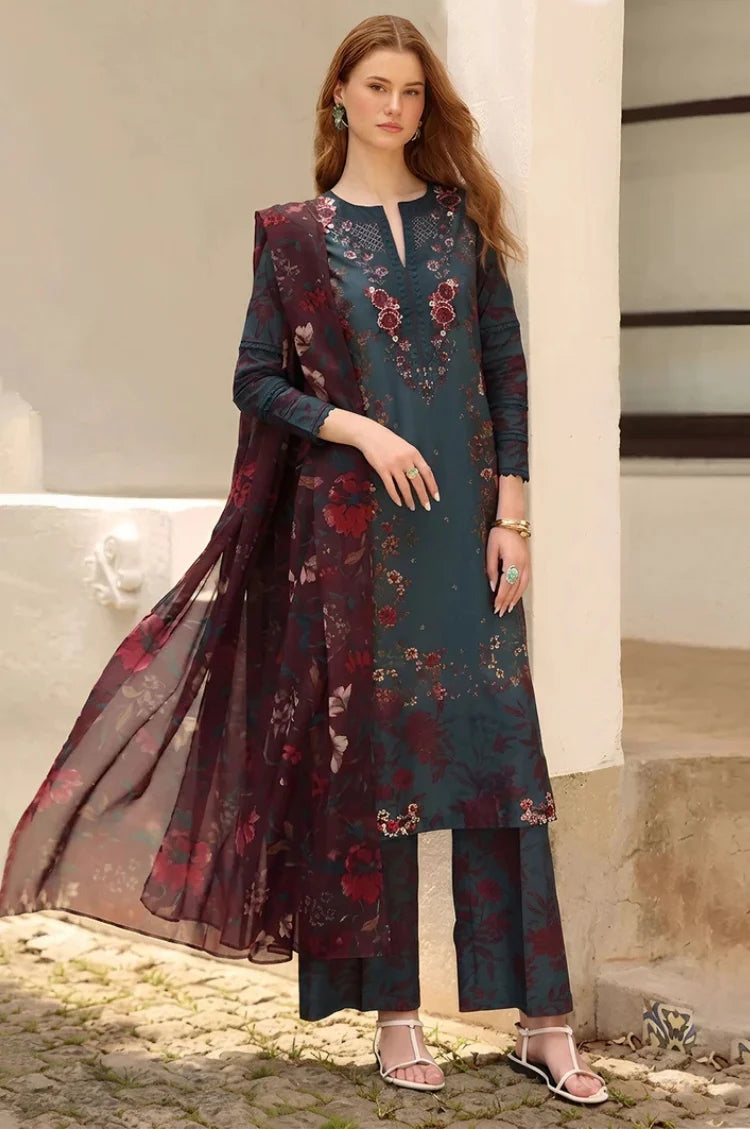 IZNIK-3PC LAWN PRINTED EMBROIDERED SHIRT WITH SILK PRINTED DUPATTA AND PRINTED EMB TROUSER-UR-522