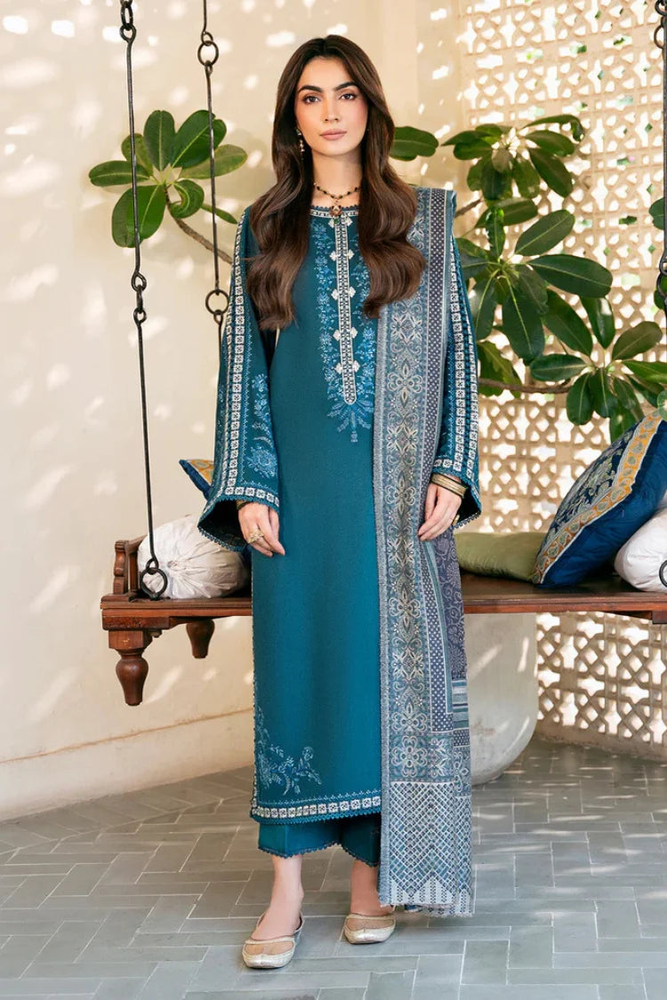 IZEL-3PC DHANAK EMBROIDERED SHIRT WITH COURTRAI PRINTED SHAWL & TROUSER-UR-4560