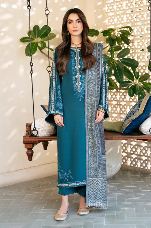 IZEL-3PC DHANAK EMBROIDERED SHIRT WITH COURTRAI PRINTED SHAWL & TROUSER-UR-4560