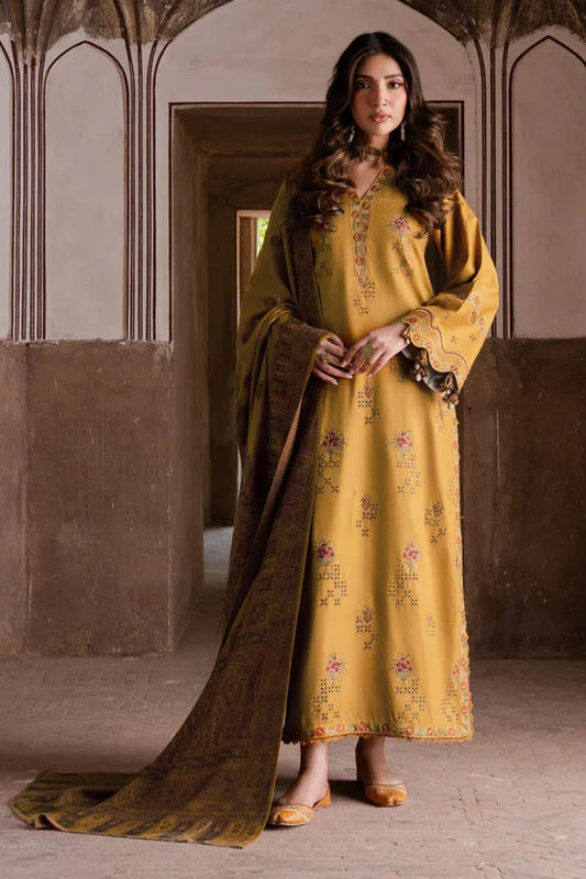 IZEL-3PC KARANDI EMBROIDERED SHIRT WITH PASHMINA WOOL SHAWL & KARANDI TROUSER-UR-4355