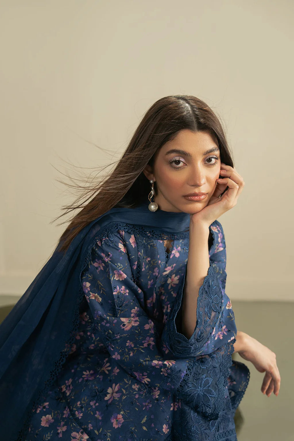 AYZEL-3PC LAWN PRINTED EMB SHIRT WITH SILK PRINTED DUPATTA AND DYED TROUSER-UR-507