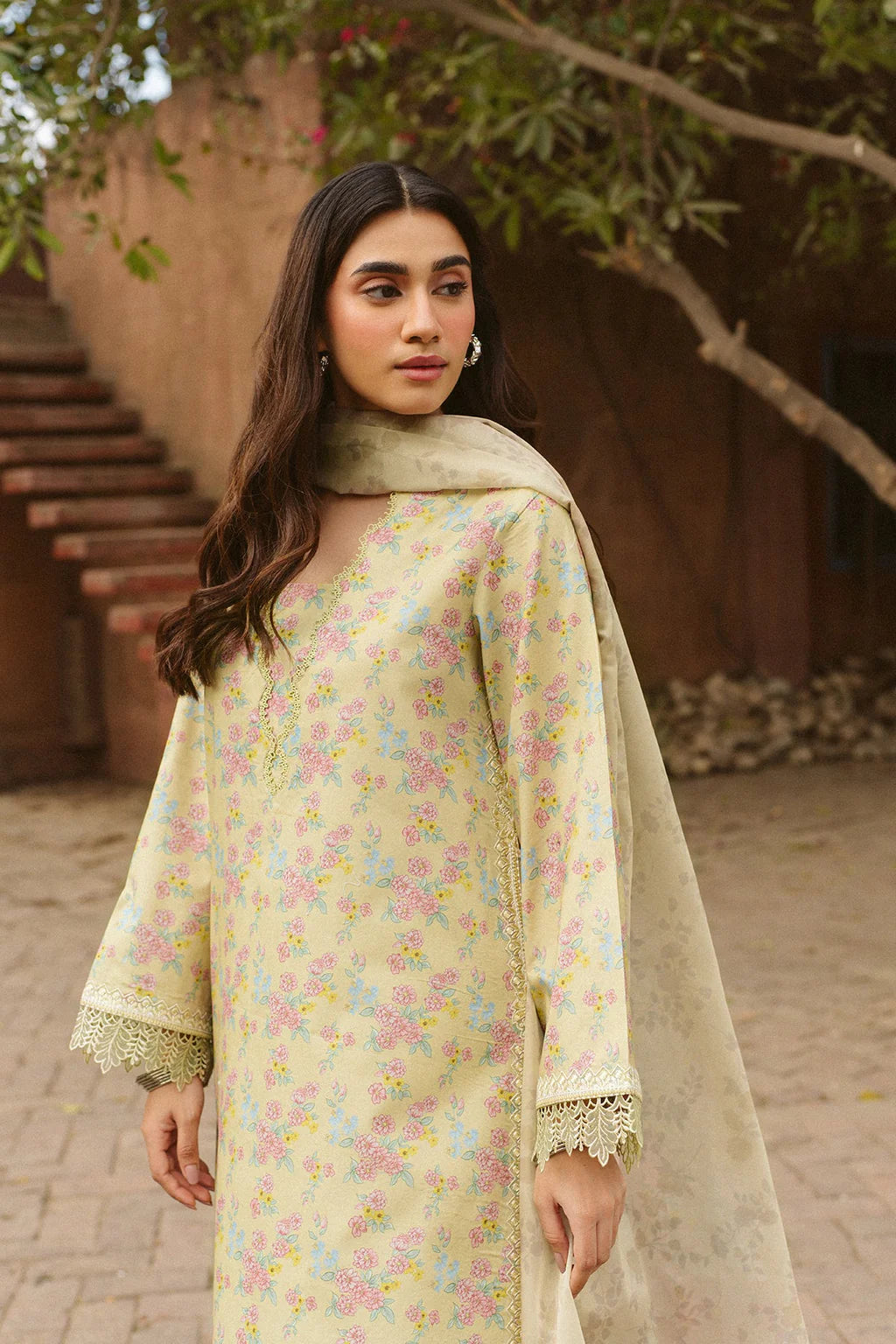 AYZEL-3PC LAWN PRINTED EMB SHIRT WITH SILK PRINTED DUPATTA AND DYED TROUSER-UR-590