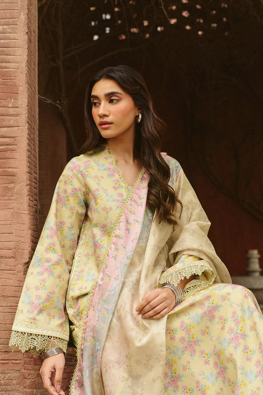 AYZEL-3PC LAWN PRINTED EMB SHIRT WITH SILK PRINTED DUPATTA AND DYED TROUSER-UR-590