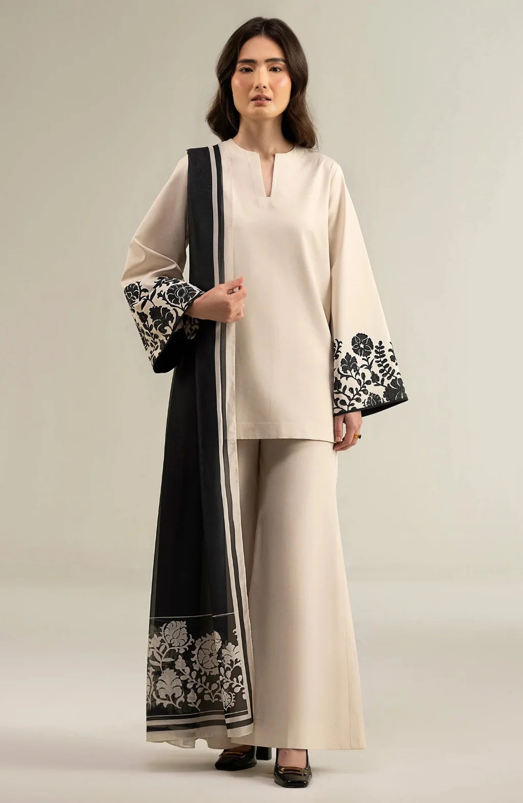 SAPPHIRE-3PC DHANAK SHIRT WITH DHANAK EMBROIDERED SLEEVES & PRINTED SHAWL-UR-4038