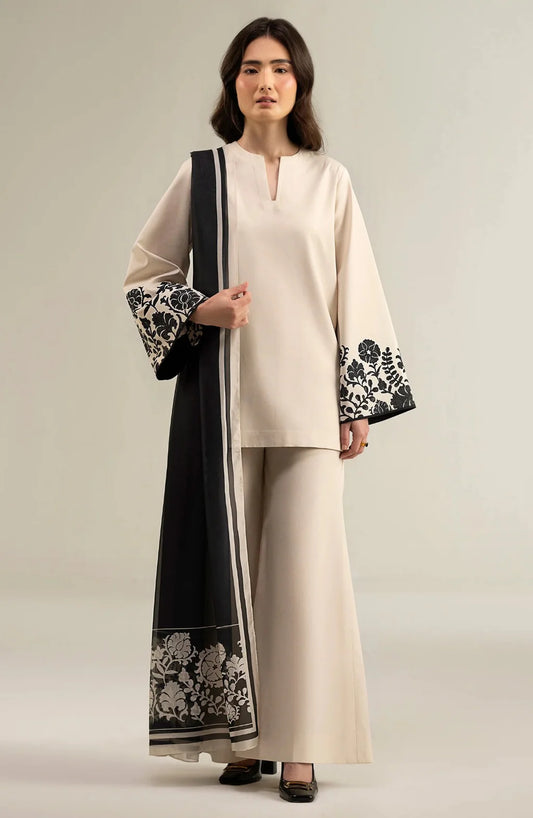 SAPPHIRE-3PC DHANAK SHIRT WITH DHANAK EMBROIDERED SLEEVES & PRINTED SHAWL-UR-4038