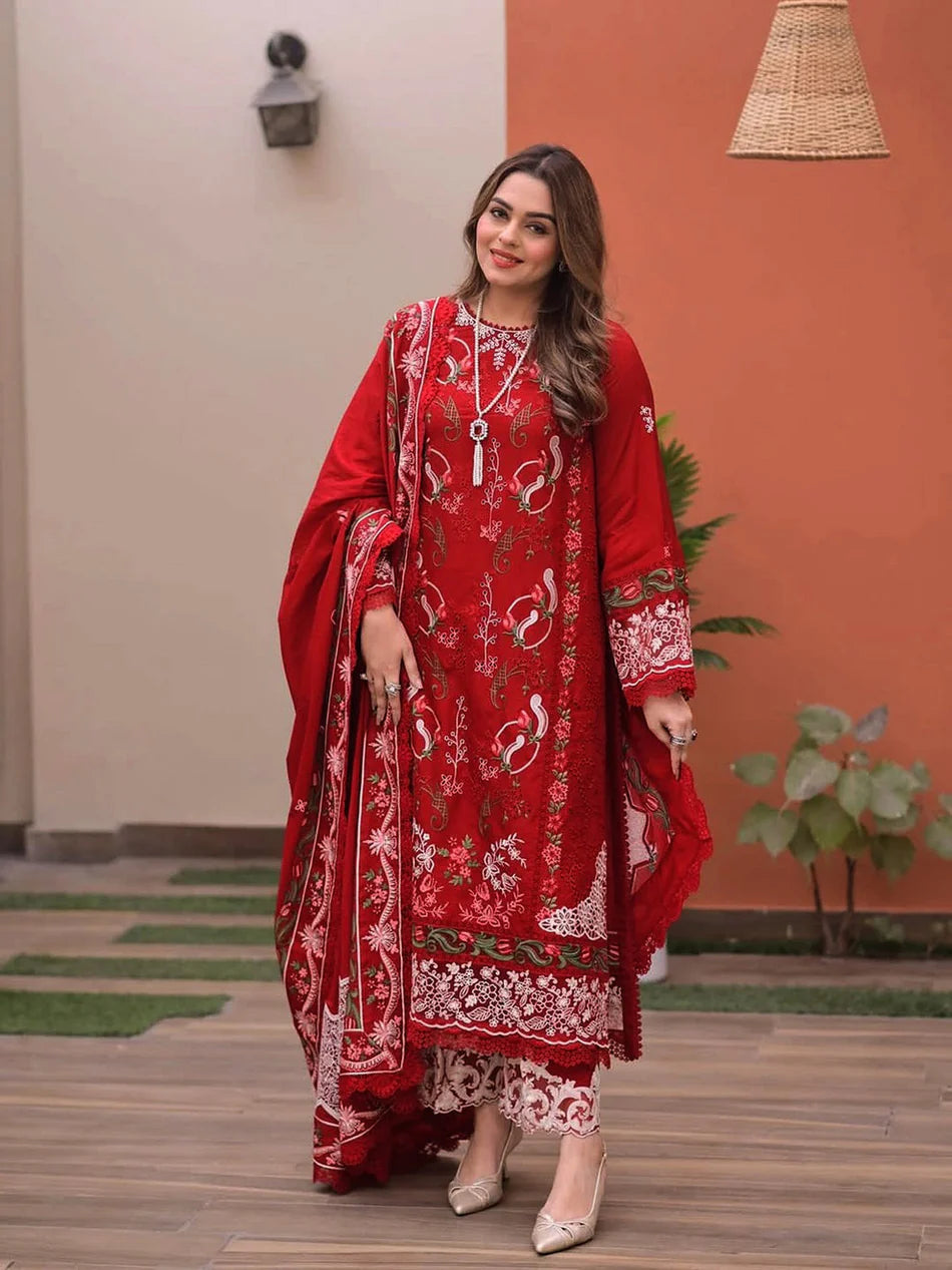 ANEELAS-3PC LAWN CHIKAN EMBROIDERED SHIRT WITH LAWN EMB DUPATTA AND TROUSER-UR-4531