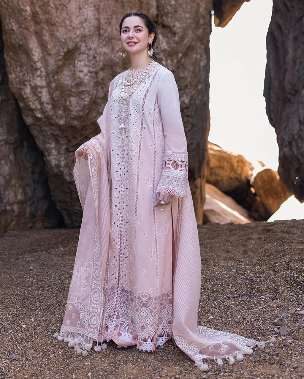 QALAMQAR-3PC LAWN LASERCUTWORK EMBROIDERED SHIRT WITH KHAADI NET EMBROIDERED DUPATTA AND TROUSER