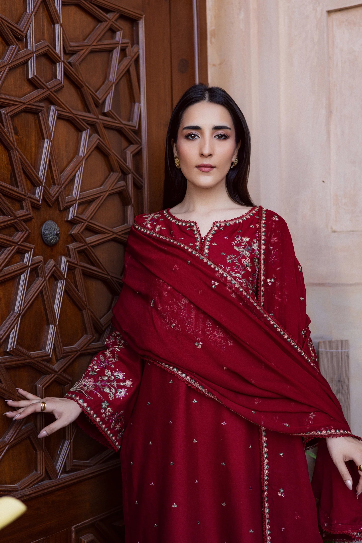 BATIK-3PC DHANAK EMBROIDERED SHIRT WITH DHANAK EMBROIDERED SHAWL AND TROUSER-UR-4389