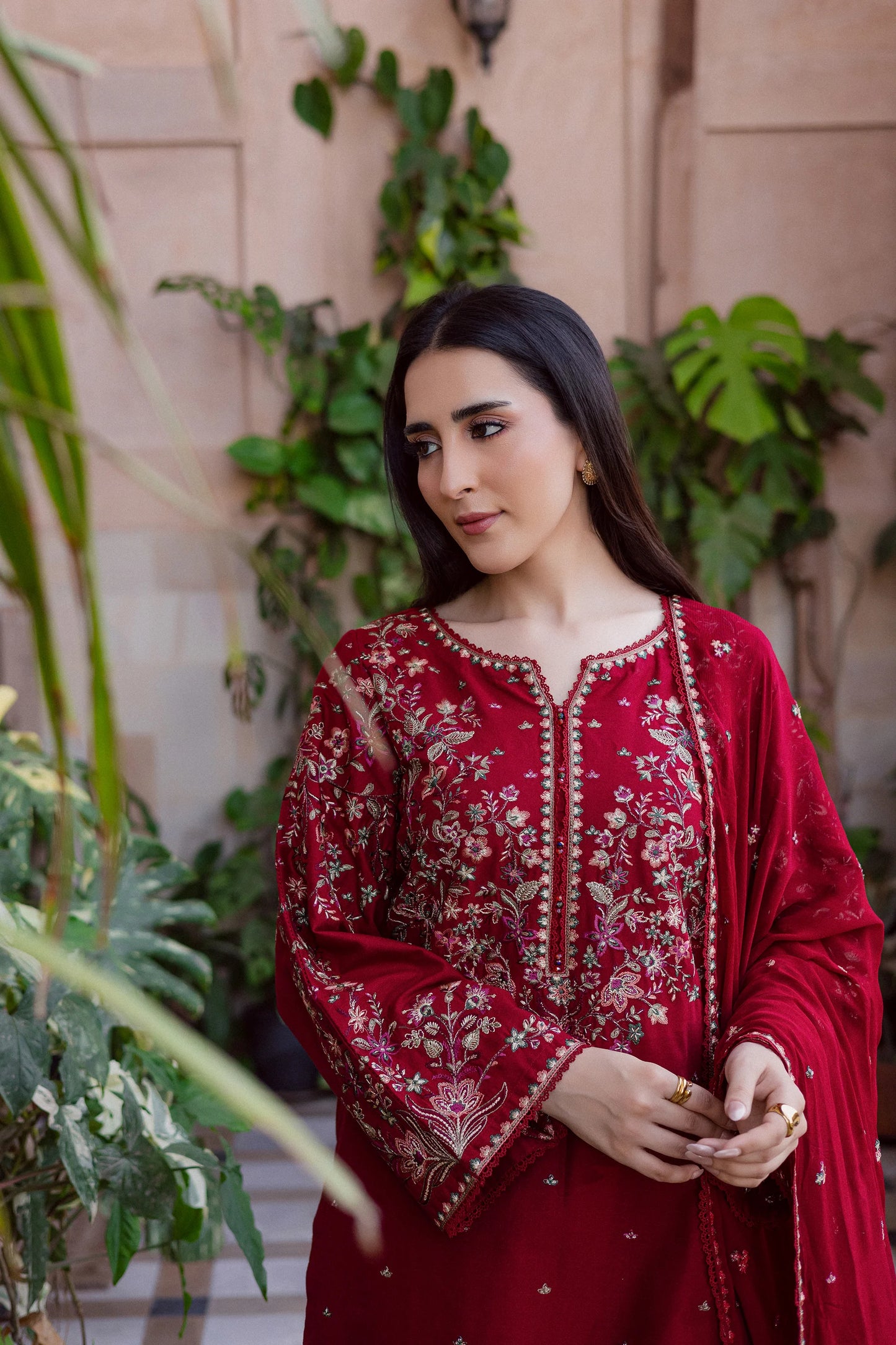 BATIK-3PC DHANAK EMBROIDERED SHIRT WITH DHANAK EMBROIDERED SHAWL AND TROUSER-UR-4389