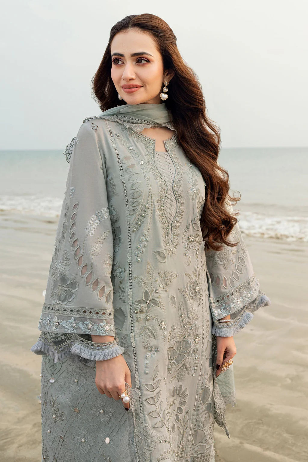 NUREH-3PC DHANAK LASER WORK EMBROIDERED SHIRT WITH CHIFFON EMBROIDERED DUPATTA & TROUSER-UR-3809