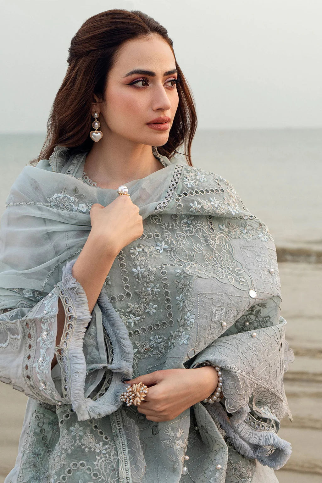 NUREH-3PC DHANAK LASER WORK EMBROIDERED SHIRT WITH CHIFFON EMBROIDERED DUPATTA & TROUSER-UR-3809