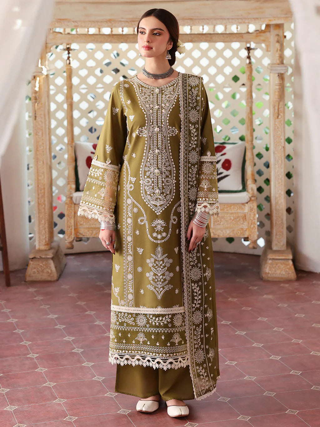 MAHNUR-3PC DHANAK EMBROIDERED SHIRT WITH DHANAK EMBROIDERED SHAWL & TROUSER-UR-3866