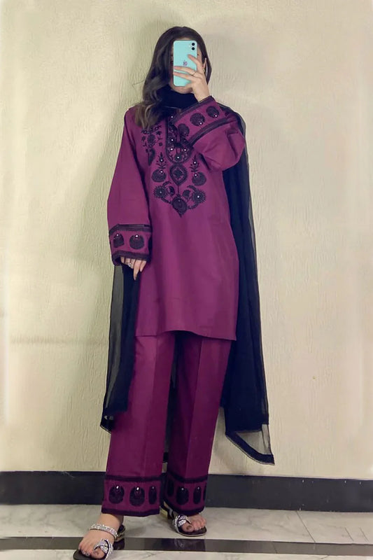 JAZMIN-3PC DHANAK EMBROIDERED SHIRT WITH CHIFFON DUPATTA AND EMB TROUSER-UR-3856