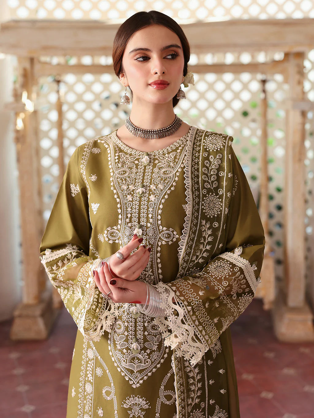 MAHNUR-3PC DHANAK EMBROIDERED SHIRT WITH DHANAK EMBROIDERED SHAWL & TROUSER-UR-3866