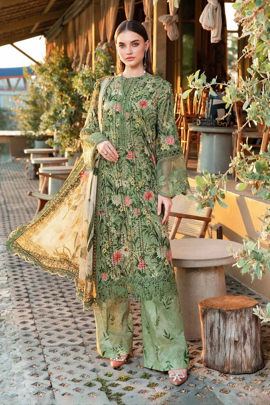 MARIA.B-3PC LAWN PRINTED EMB SHIRT WITH CHIFFON PRINT DUPATTA AND PRINT TROUSER-UR-2890