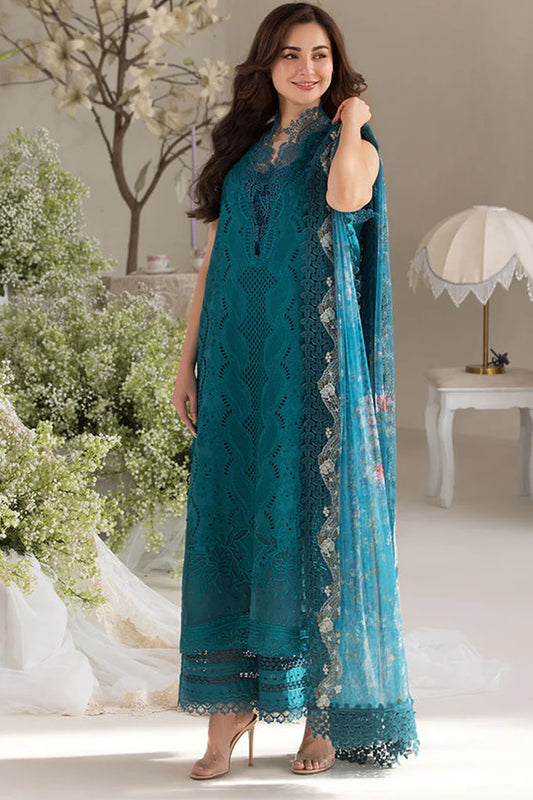 SOBIA NAZIR-3PC LAWN LASERCUT EMBROIDERED SHIRT WITH COTTON NET EMBROIDERED PRINT DUPATTA AND TROUSER-UR-2806