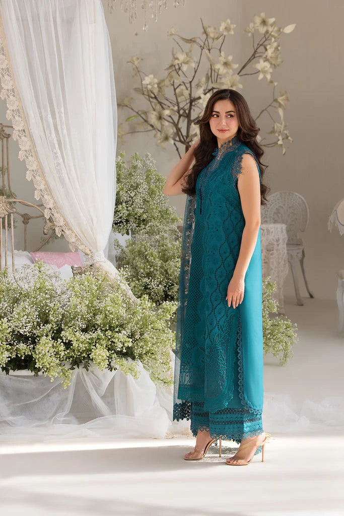 SOBIA NAZIR-3PC LAWN LASERCUT EMBROIDERED SHIRT WITH COTTON NET EMBROIDERED PRINT DUPATTA AND TROUSER-UR-2806
