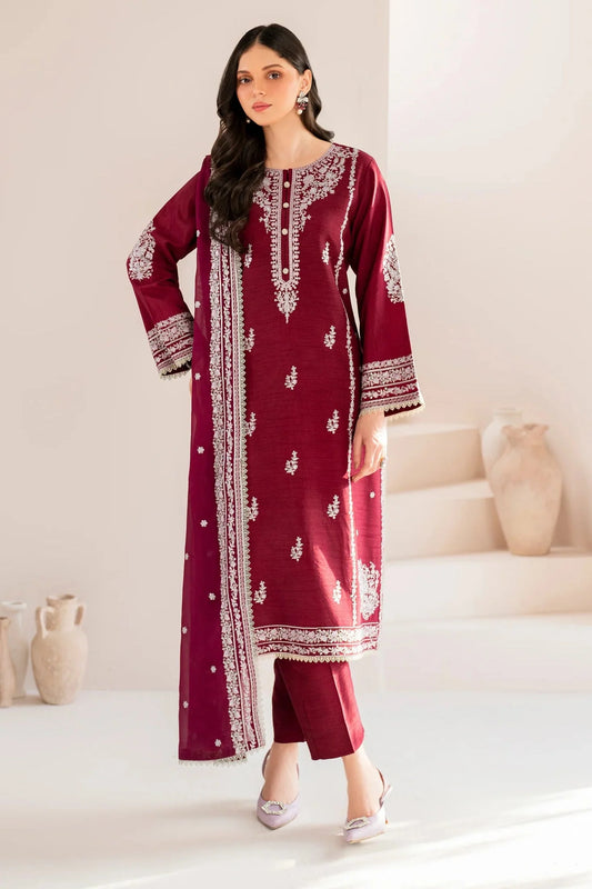 GARNET-3PC LAWN EMBROIDERED SHIRT WITH CHIFFON EMBROIDERED DUPATTA AND TROUSER-UR-2605