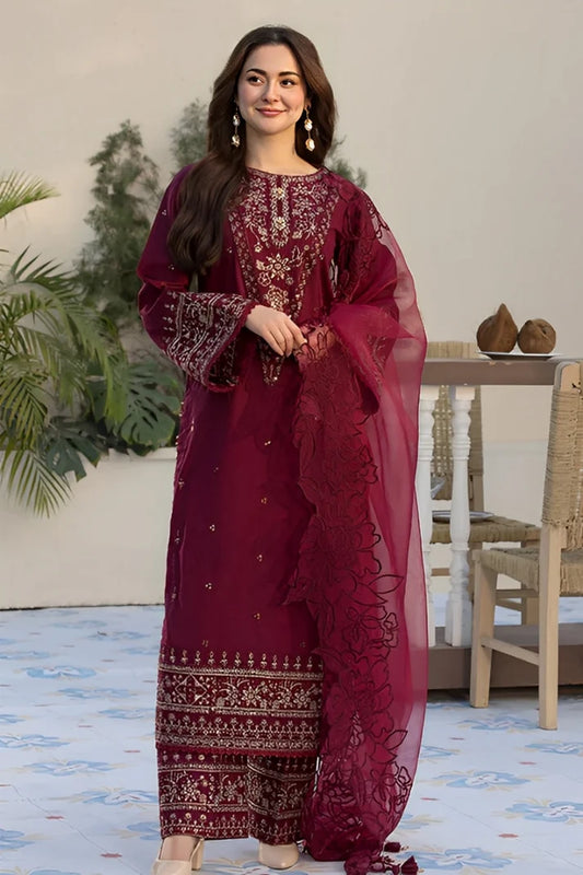QALAMQAR-3PC LAWN EMBROIDERED SHIRT WITH ORGANZA EMBROIDERED DUAPATTA AND TROUSER-2927