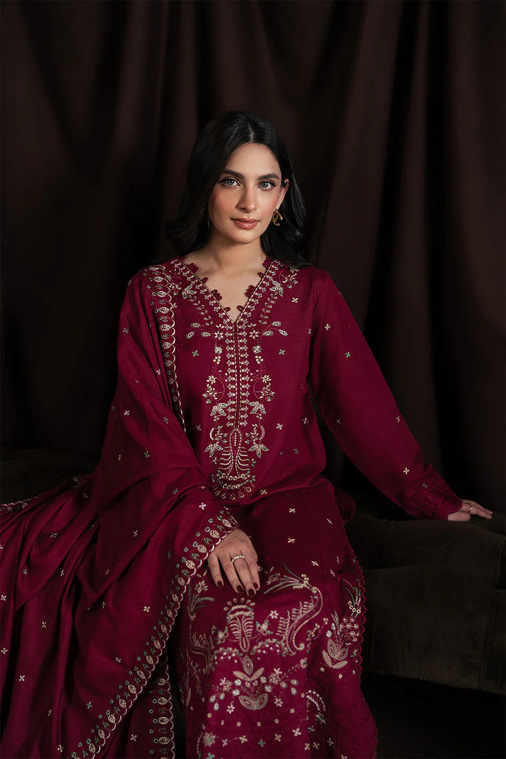 BATIK-3PC KARANDI EMBROIDERED SHIRT WITH KARANDI EMBROIDERED SHAWL AND TROUSER-UR-4460