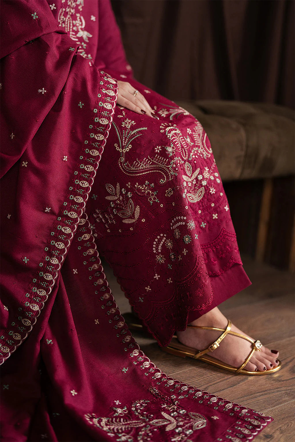 BATIK-3PC KARANDI EMBROIDERED SHIRT WITH KARANDI EMBROIDERED SHAWL AND TROUSER-UR-4460