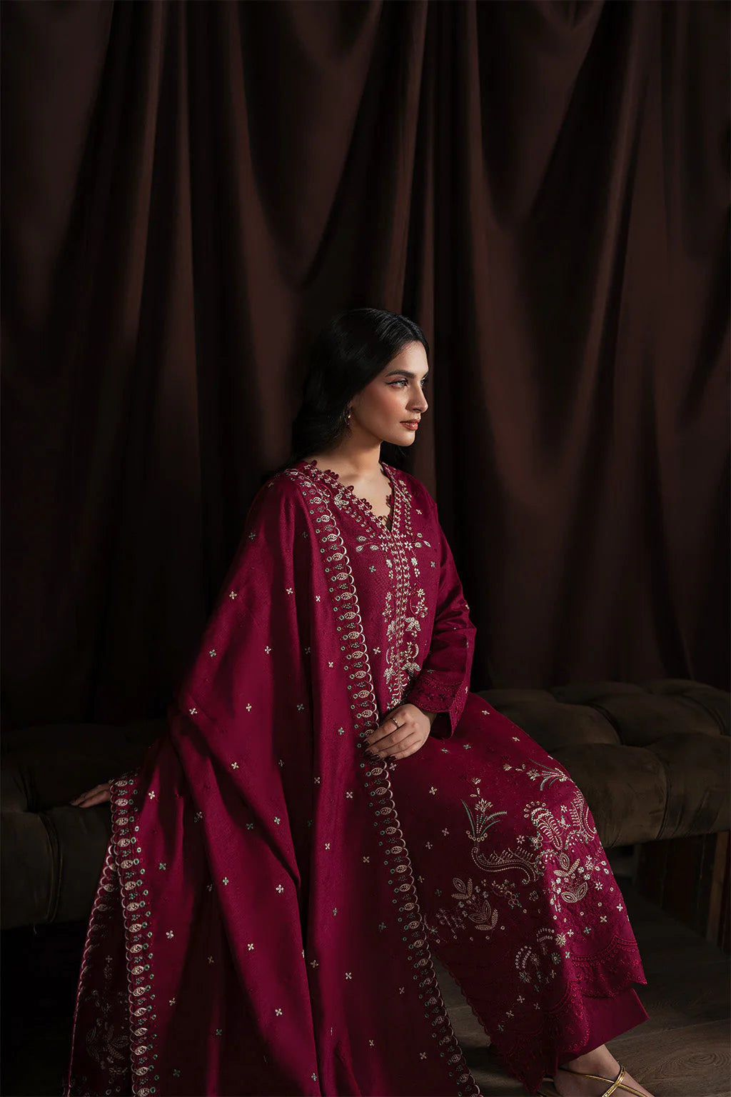 BATIK-3PC KARANDI EMBROIDERED SHIRT WITH KARANDI EMBROIDERED SHAWL AND TROUSER-UR-4460