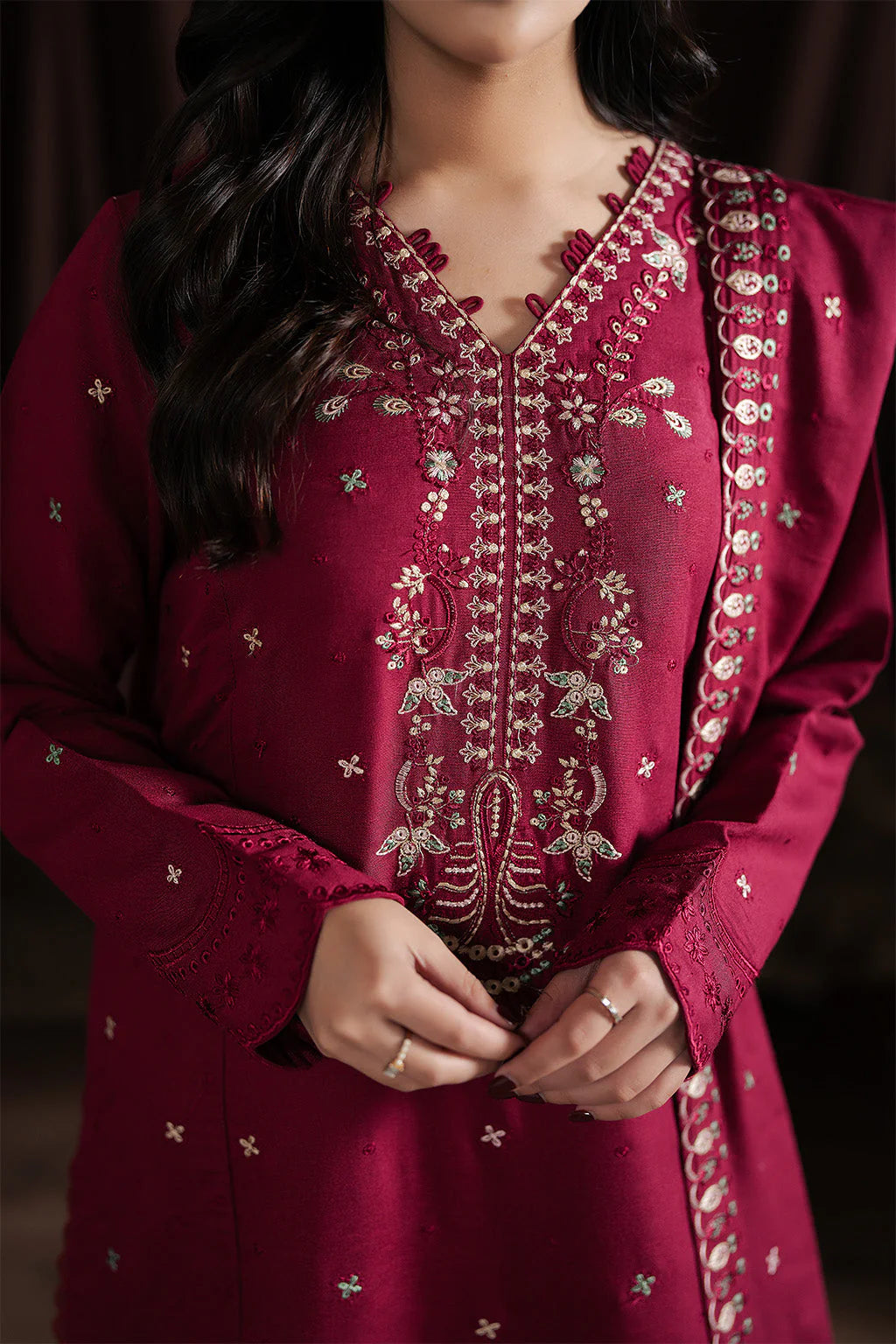 BATIK-3PC KARANDI EMBROIDERED SHIRT WITH KARANDI EMBROIDERED SHAWL AND TROUSER-UR-4460