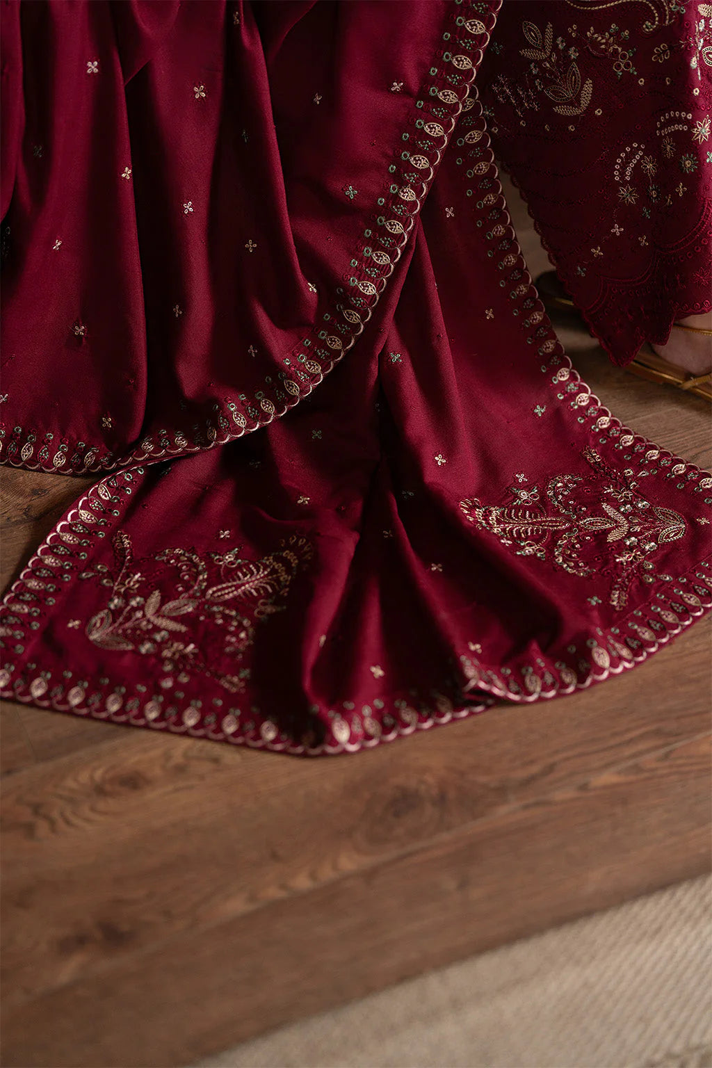 BATIK-3PC KARANDI EMBROIDERED SHIRT WITH KARANDI EMBROIDERED SHAWL AND TROUSER-UR-4460
